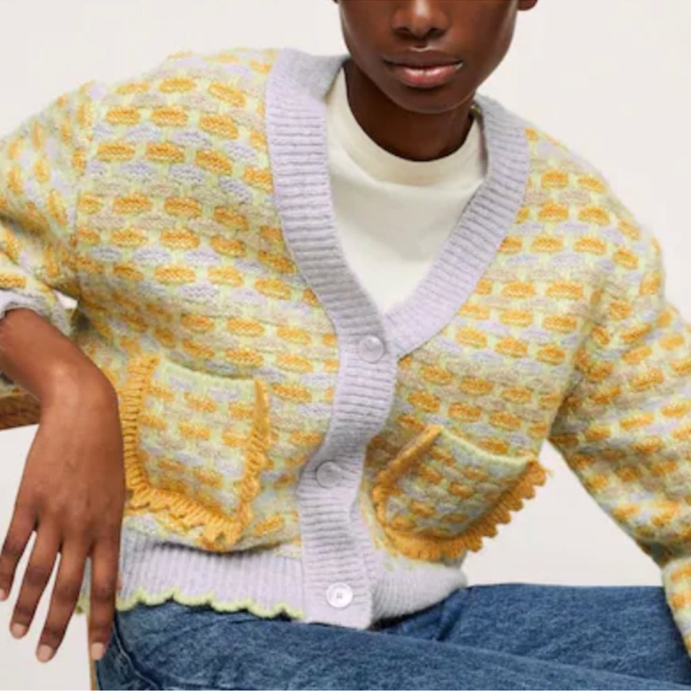 Mango Textured Tweed Scallop Trim Cropped V-Neck Cardigan Lilac and Yellow